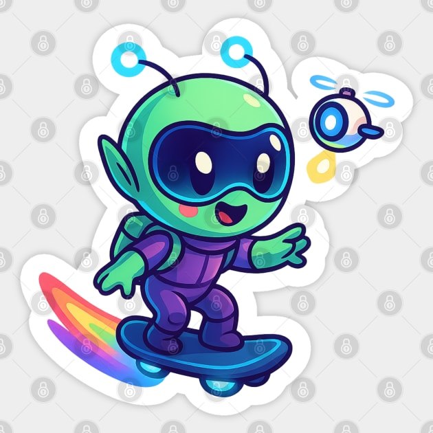 Riding Tomorrow – Cute Alien on Rainbow Space Board | Wholesome Tomorrow Sprouts Tee Sticker by Anne Lee
